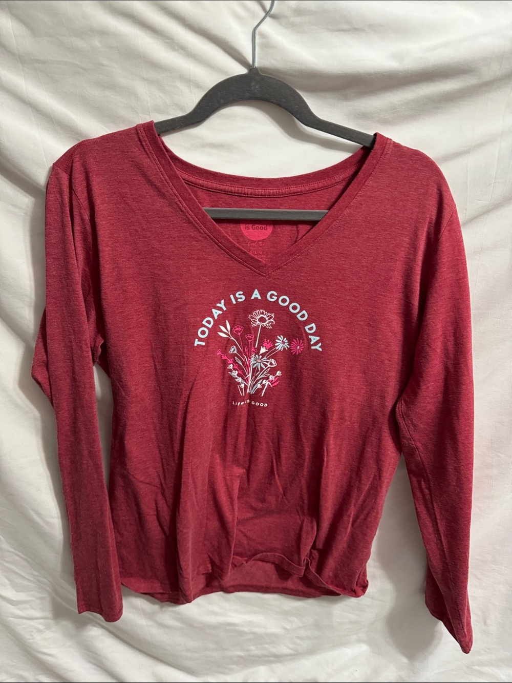 Life Is Good Women's Long Sleeve V-Neck Top - Wine Red with Floral Graphic